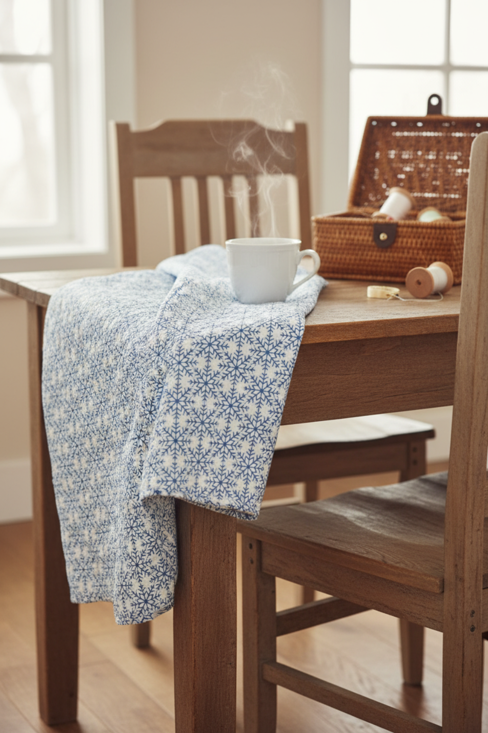 NYSNO Blue Snowflake Grid quilting cotton fabric on bolt with pleated folds showing drape and dimension – lifestyle shot for quilters