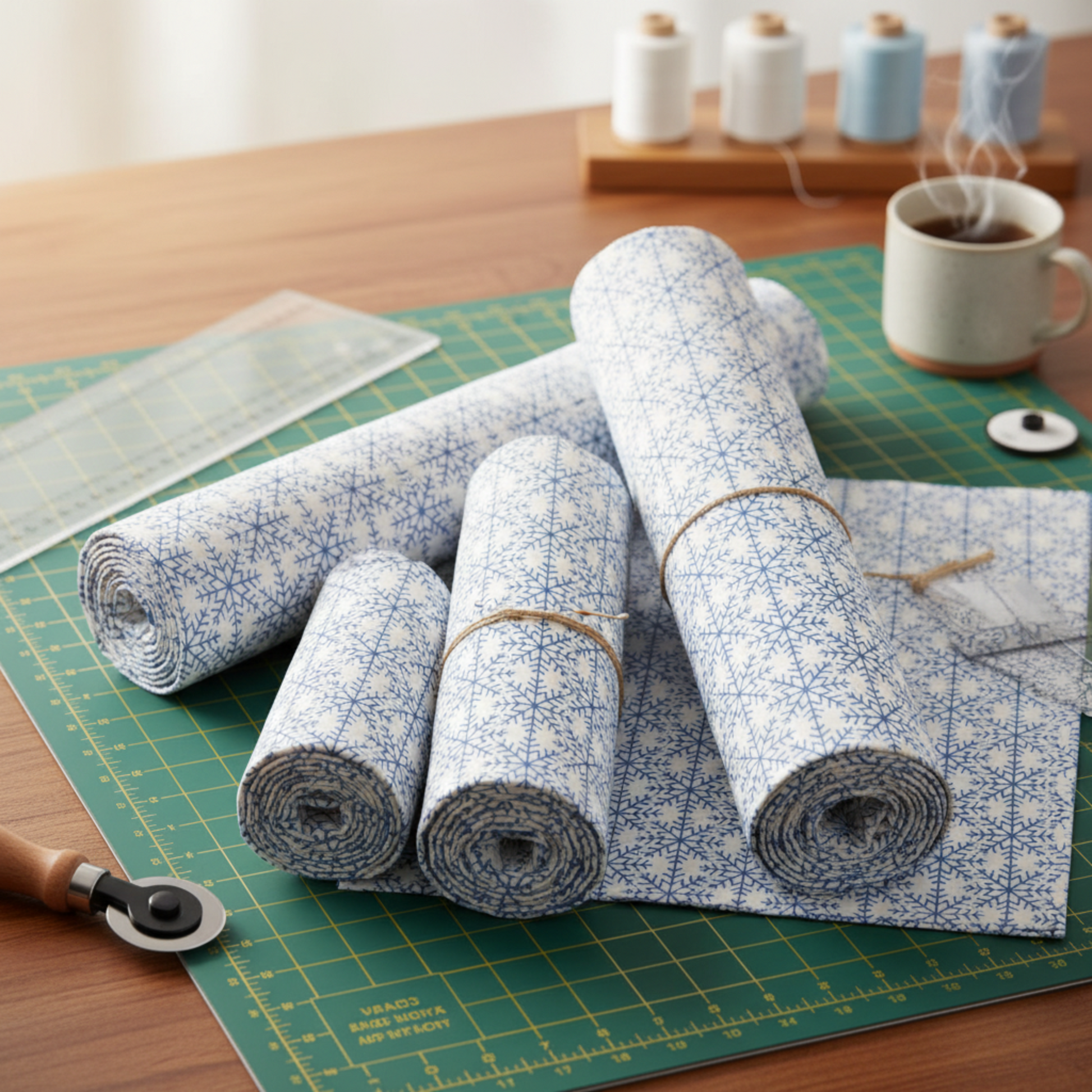 NYSNO Blue Snowflake Grid quilting cotton fabric draped to show softness, movement, and fabric body