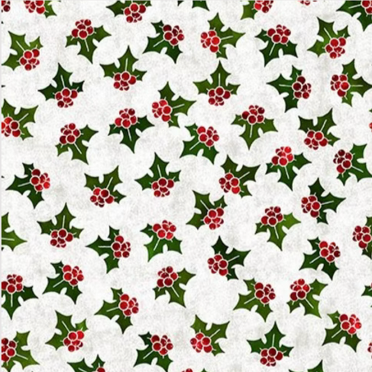 NYSNO White Holly quilting cotton fabric with classic white holly and berry pattern on winter background