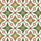 NYSNO New Snow Multicolor Garland quilting cotton by Jason Yenter for In The Beginning Fabrics — vertical close-up of dense symmetrical medallion allover with pine cone motifs, crimson red flowers, and olive green leaf sprays in forest green, red, and gold on white. 100% cotton, 43–44" wide.