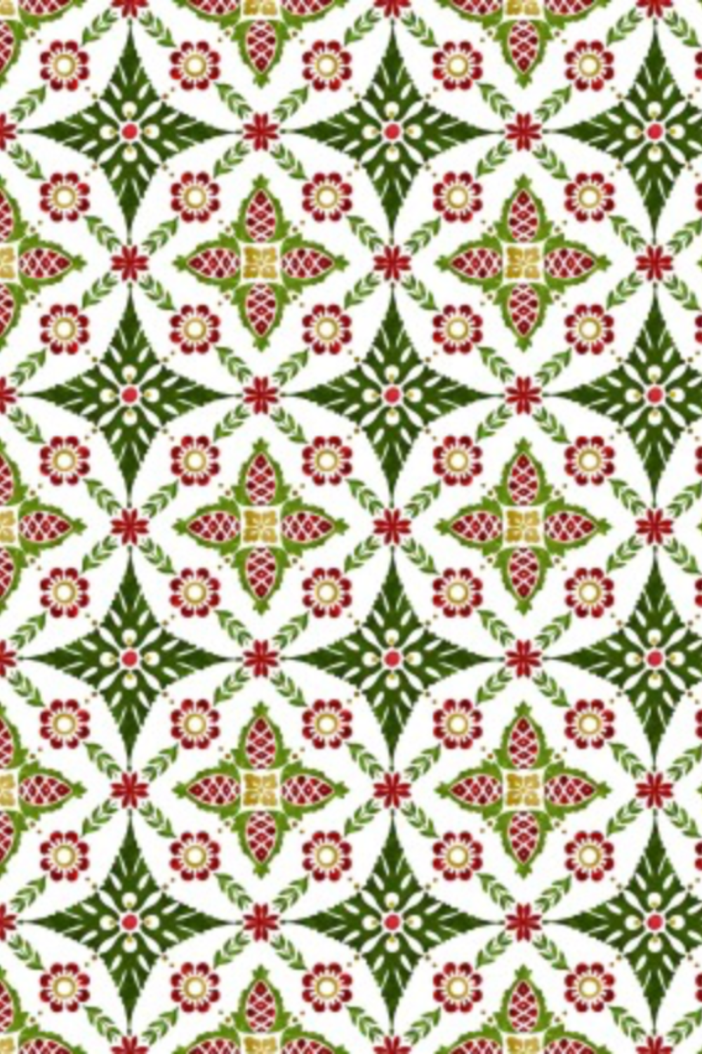 NYSNO New Snow Multicolor Garland quilting cotton by Jason Yenter for In The Beginning Fabrics — vertical close-up of dense symmetrical medallion allover with pine cone motifs, crimson red flowers, and olive green leaf sprays in forest green, red, and gold on white. 100% cotton, 43–44" wide.