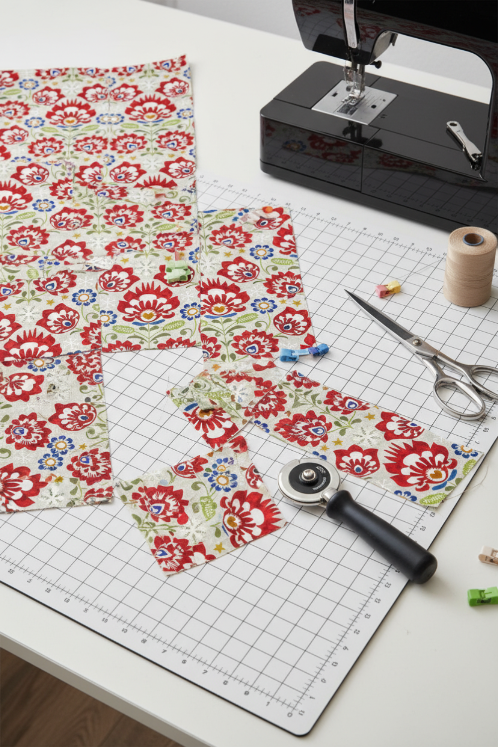 NYSNO Multicolor Floral quilting cotton fabric styled with quilting notions – winter holiday sewing inspiration