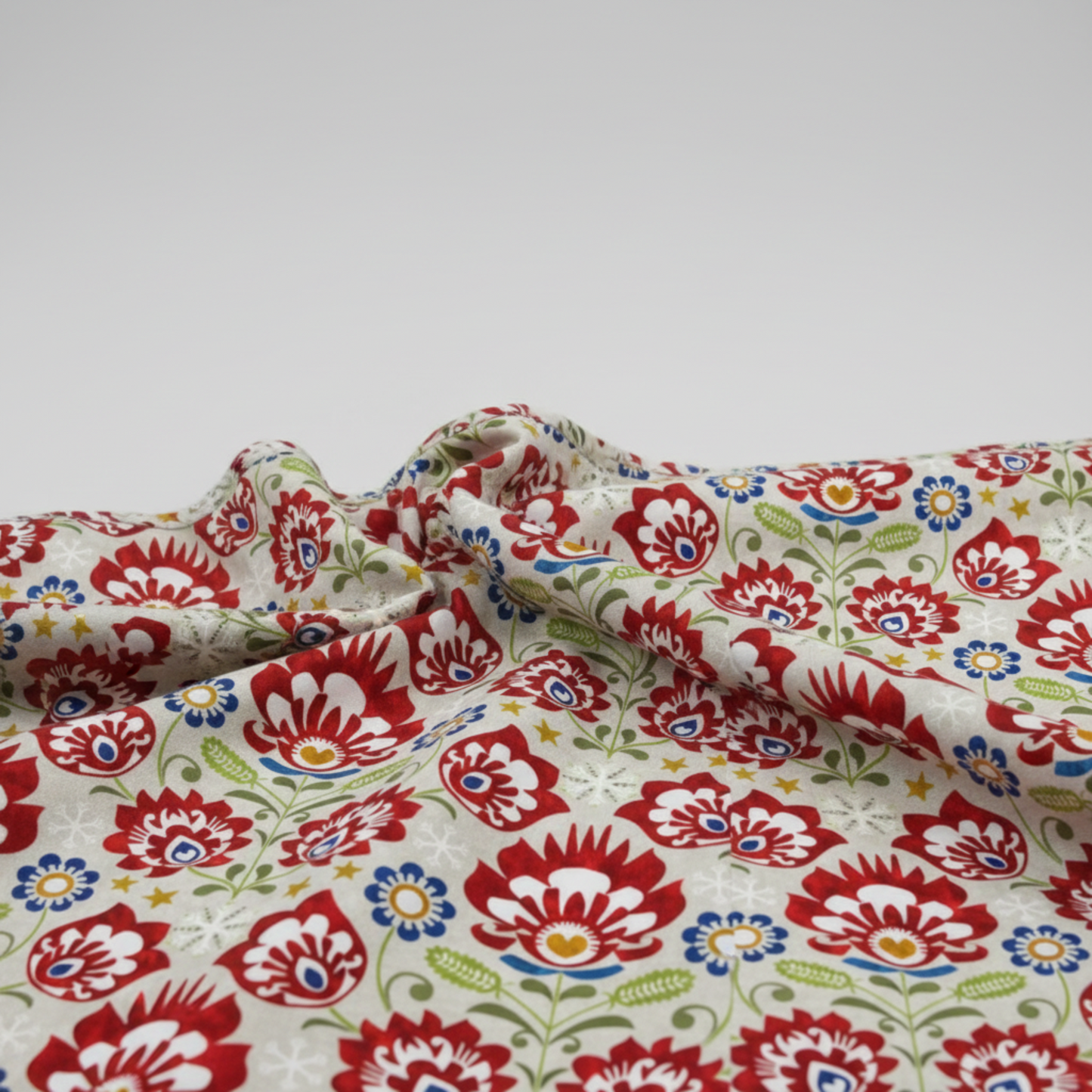NYSNO Multicolor Floral quilting cotton fabric draped to show softness, movement, and natural fabric body