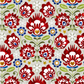 NYSNO New Snow Multicolor Floral quilting cotton by Jason Yenter for In The Beginning Fabrics — vertical close-up of oversized bold folk-art florals in crimson red with white petal cutwork, cobalt blue accent flowers with gold centers, olive green stems, white snowflakes, and gold stars on soft mottled light grey. 100% cotton, 43–44" wide.