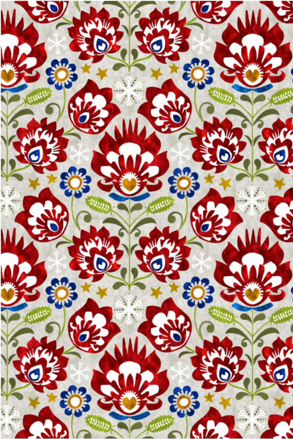 NYSNO New Snow Multicolor Floral quilting cotton by Jason Yenter for In The Beginning Fabrics — vertical close-up of oversized bold folk-art florals in crimson red with white petal cutwork, cobalt blue accent flowers with gold centers, olive green stems, white snowflakes, and gold stars on soft mottled light grey. 100% cotton, 43–44" wide.