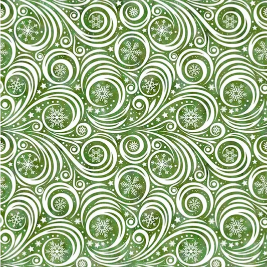 Winter Solstice II Green on White Snow Swirl quilting cotton with elegant green swirl pattern on white background