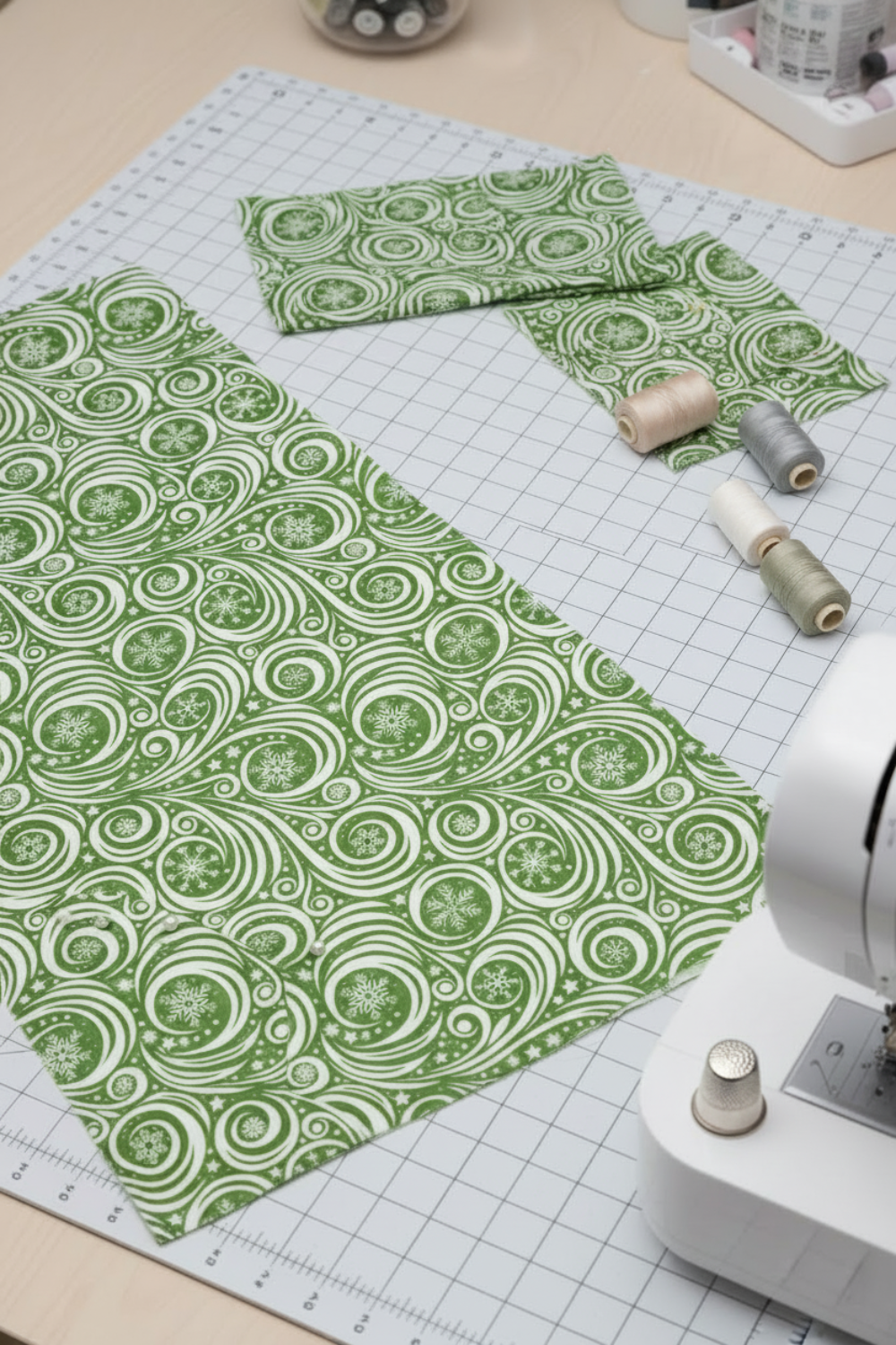 Winter Solstice II Green on White Snow Swirl quilting cotton styled with quilting notions – winter sewing inspiration
