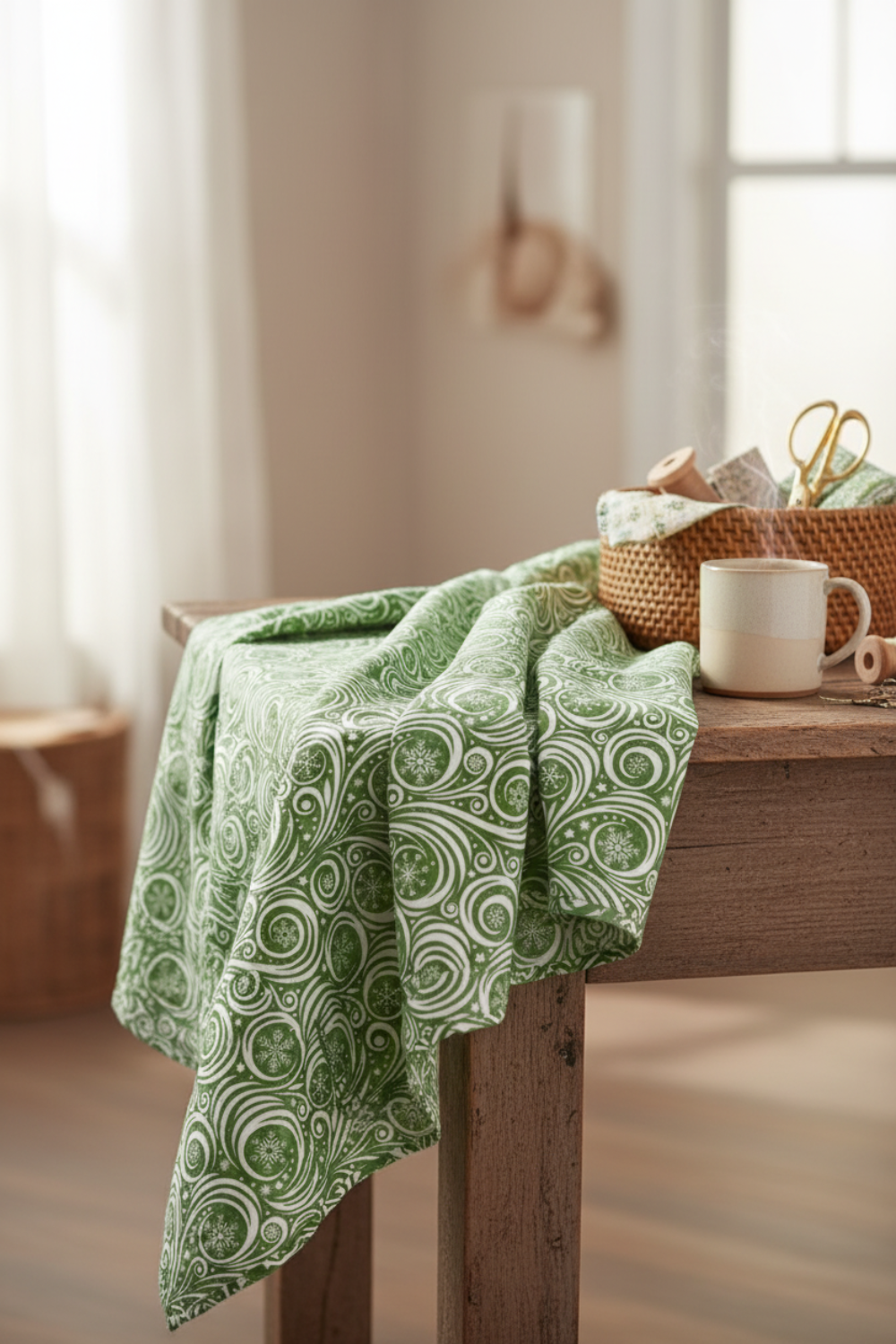 Winter Solstice II Green on White Snow Swirl quilting cotton on bolt with pleated folds – lifestyle shot for quilters