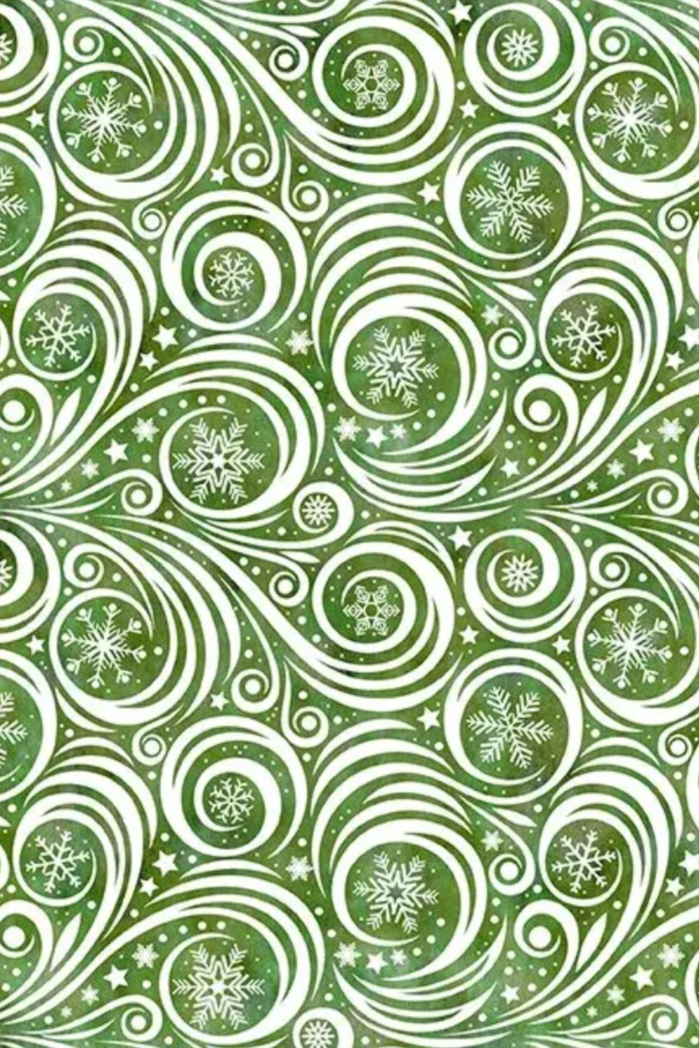 Winter Solstice II Green on White Snow Swirl quilting cotton by Jason Yenter for In The Beginning Fabrics — elegant white scroll swirls with nestled snowflakes and scattered stars on mottled watercolor green, versatile background and blender fabric for Christmas quilts, table runners, stockings, tree skirts, and holiday home décor, 100% cotton. Quilt blocks shown for inspiration. Coordinating fabrics and quilt patterns are available at IraRobi Quilts.