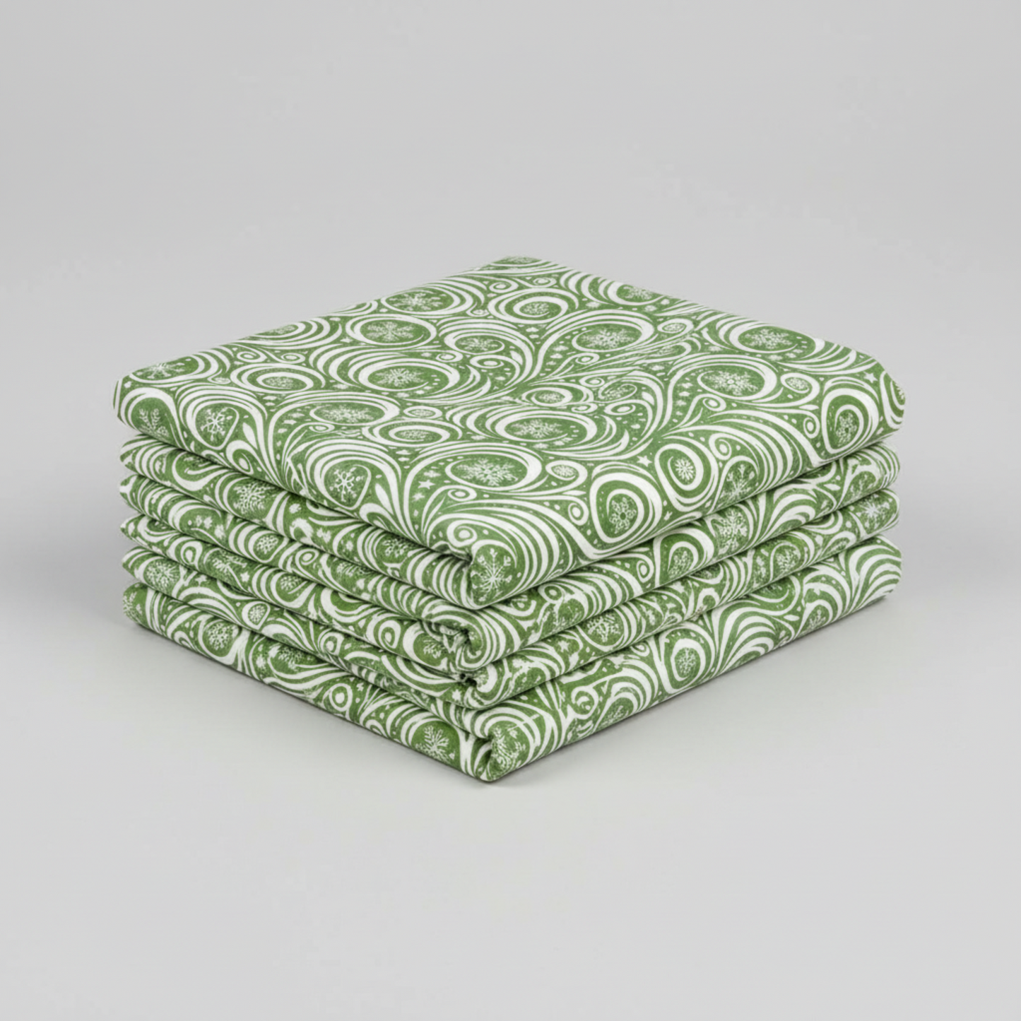 Close-up of Winter Solstice II Green on White Snow Swirl quilting cotton showing detailed swirl pattern