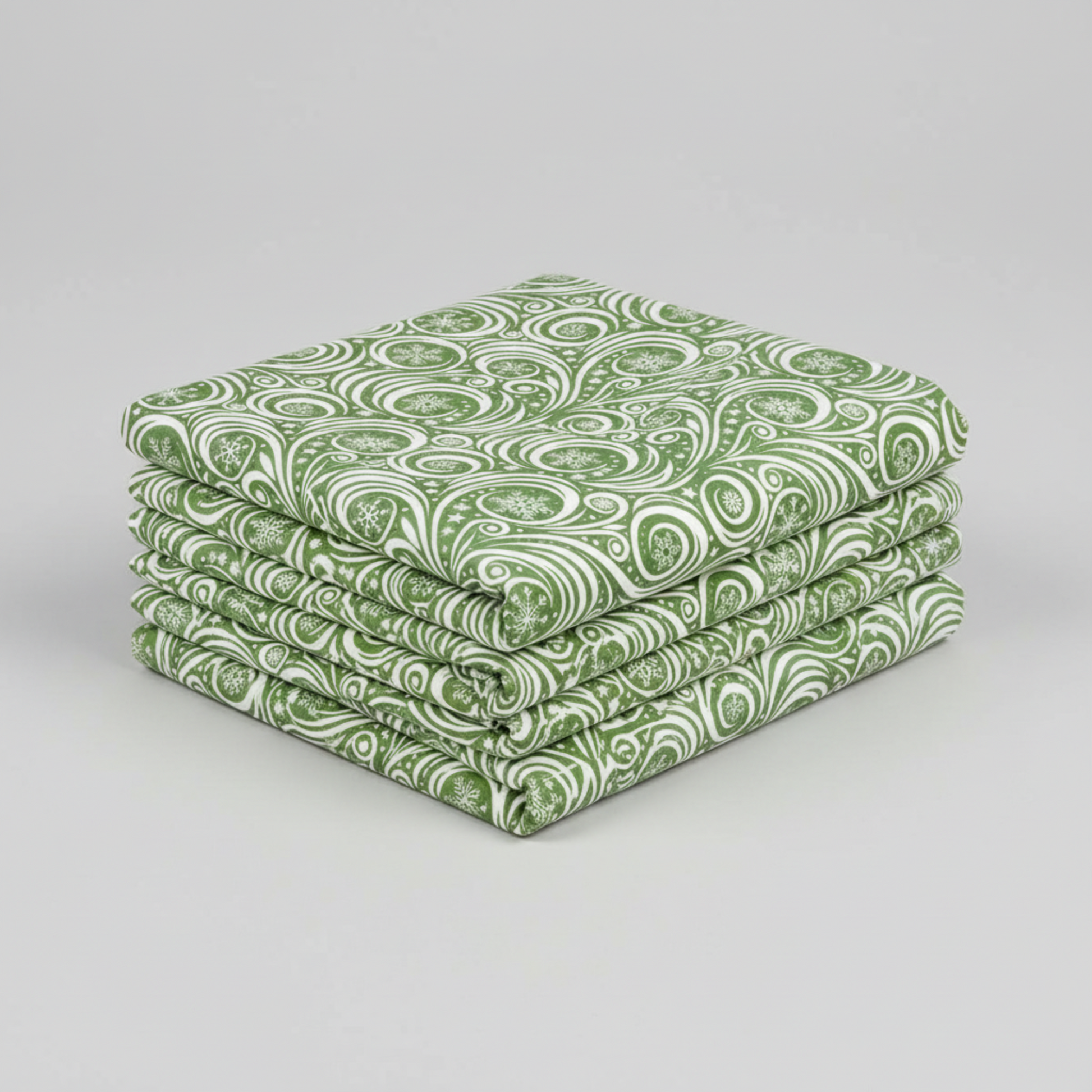 Close-up of Winter Solstice II Green on White Snow Swirl quilting cotton showing detailed swirl pattern