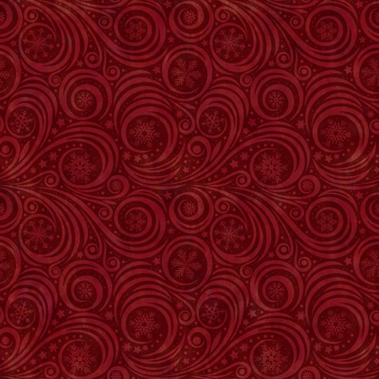 Winter Solstice II Red Snow Swirl quilting cotton fabric with elegant tonal red swirl pattern on red background