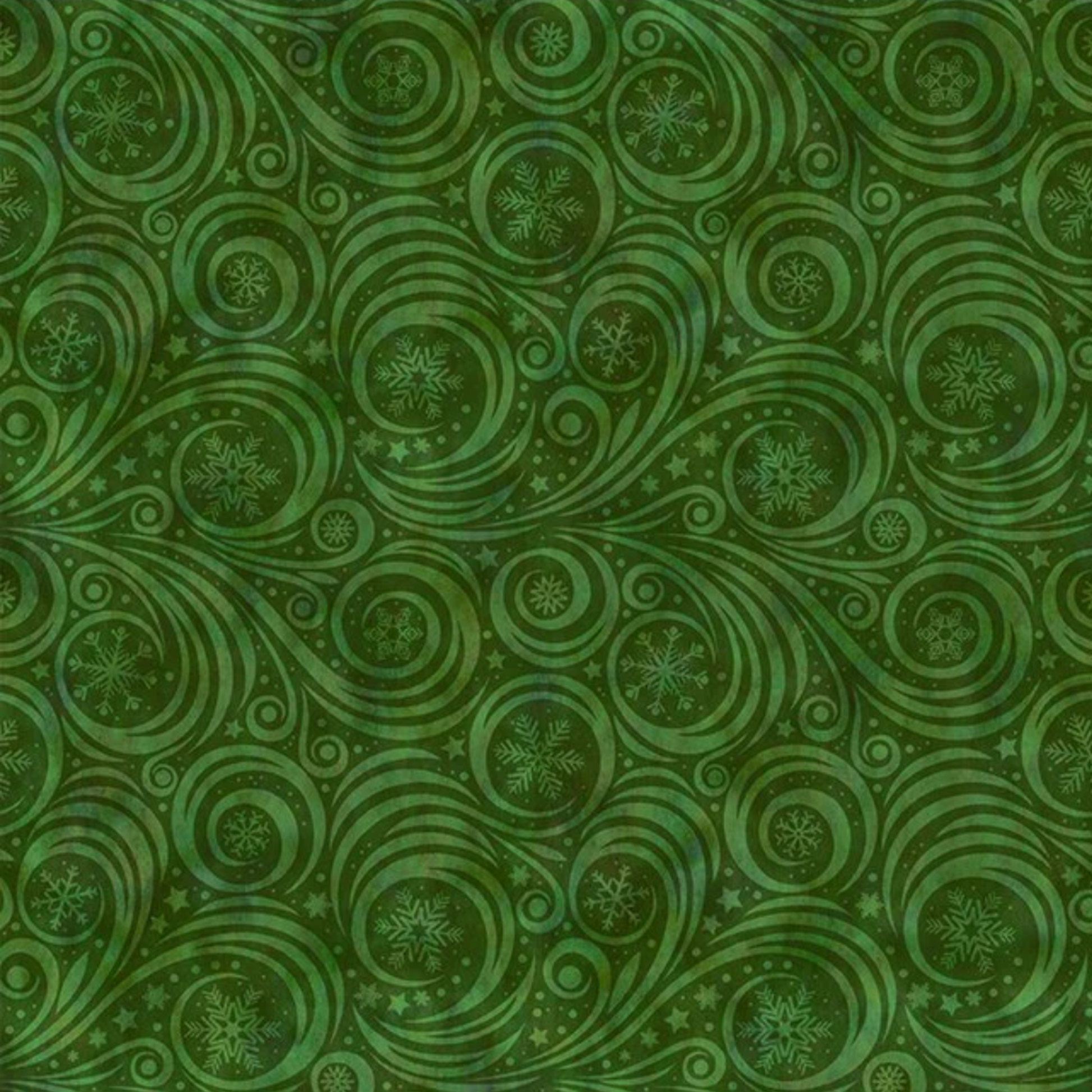 Winter Solstice II Green Snow Swirl quilting cotton fabric with elegant tonal green swirl pattern on green background