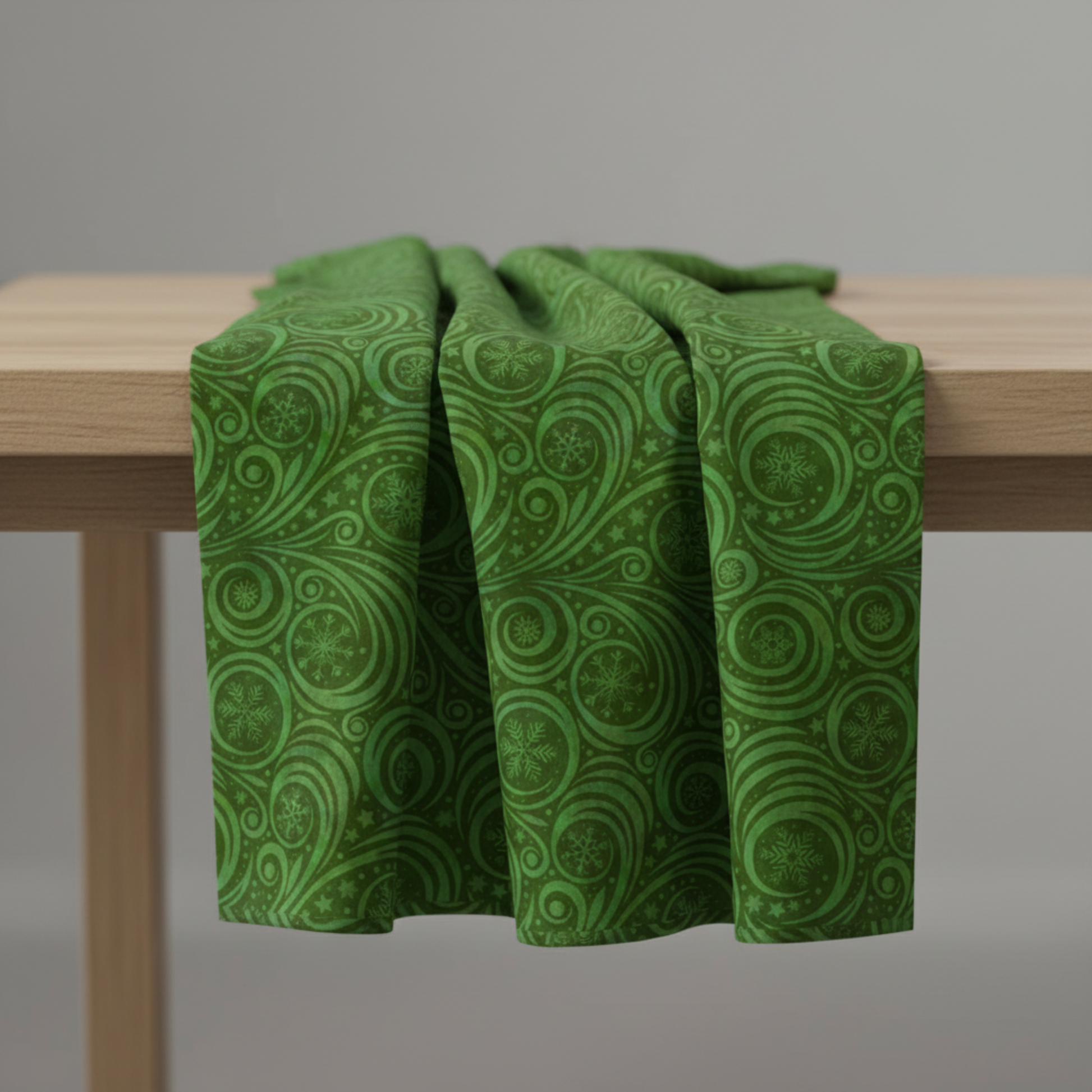 Detailed view of Winter Solstice II Green Snow Swirl cotton fabric highlighting elegant green-on-green swirls