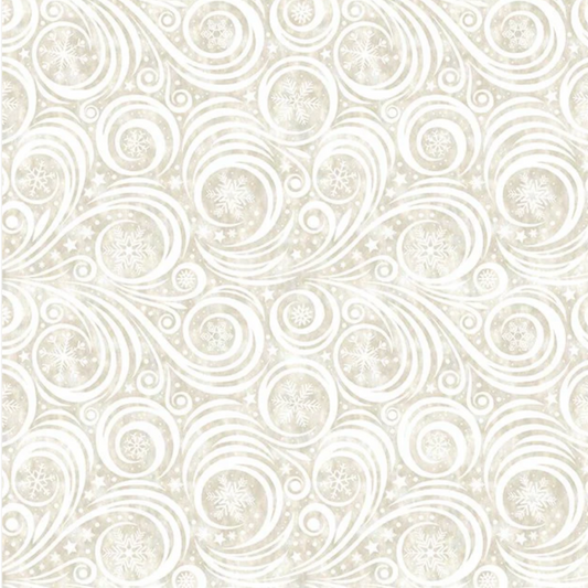 Winter Solstice II Cream Snow Swirl quilting cotton fabric with elegant white swirl pattern on cream background