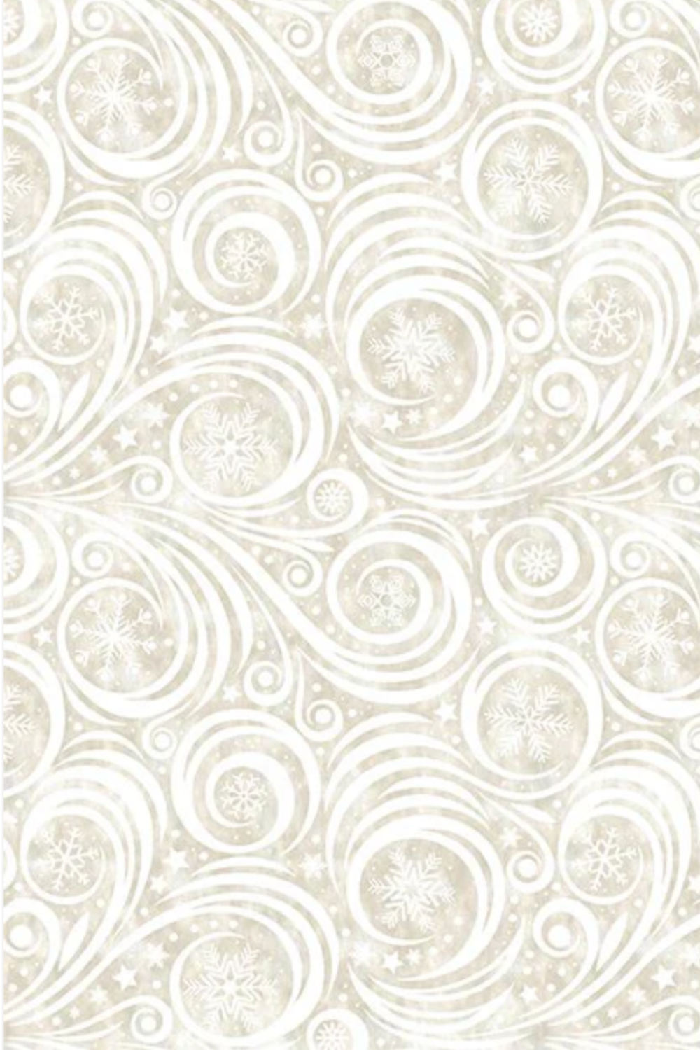 Winter Solstice II Cream Snow Swirl quilting cotton by Jason Yenter for In The Beginning Fabrics — tone-on-tone pearl white scroll swirls with nestled snowflakes and scattered stars on warm ecru mottled ground, versatile low-volume background and blender fabric for Christmas quilts, table runners, stockings, tree skirts, and holiday home décor, 100% cotton. Quilt blocks shown for inspiration. Coordinating fabrics and quilt patterns are available at IraRobi Quilts.