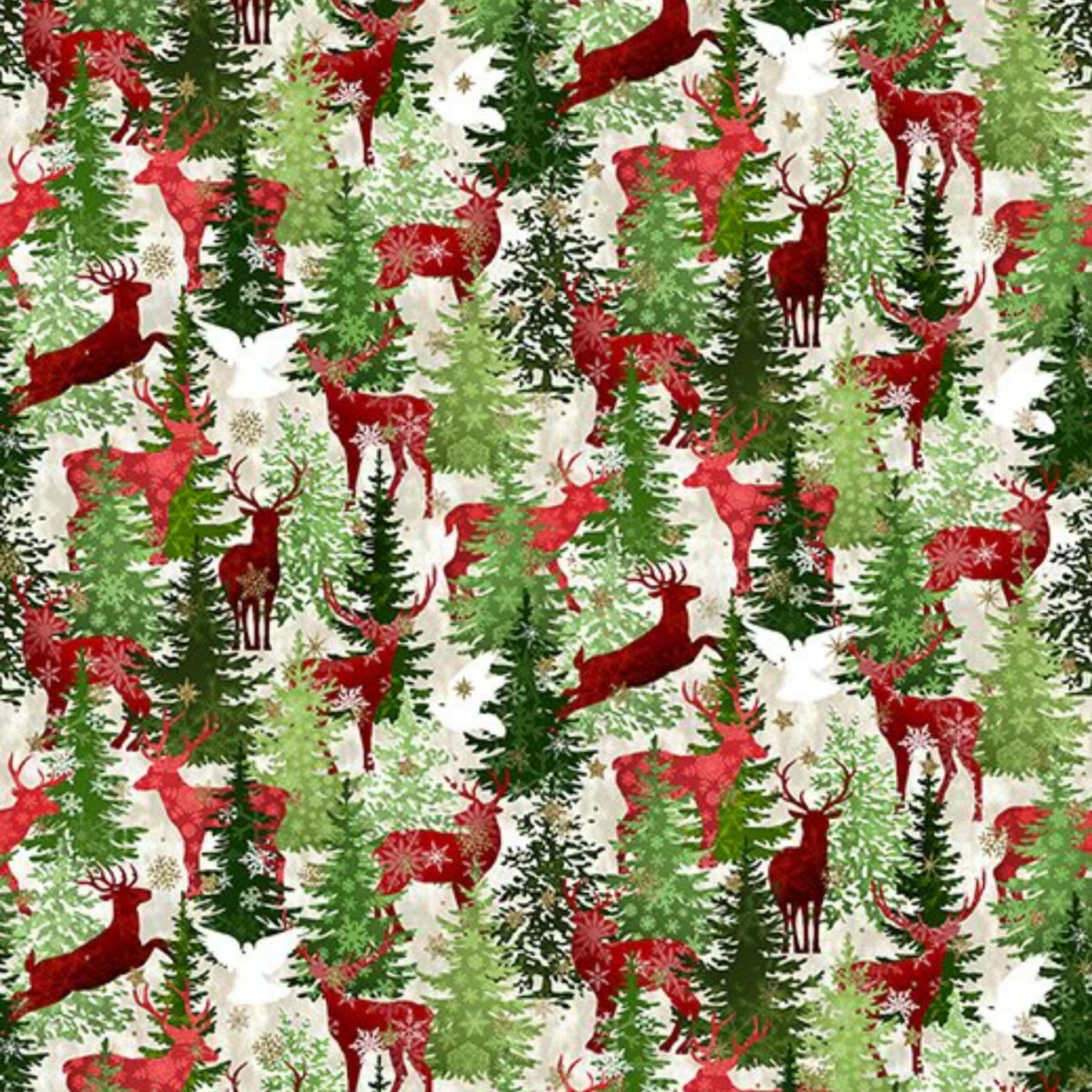 Winter Solstice II Multi Deer Metallic quilting cotton fabric with elegant deer silhouettes and metallic accents