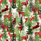 Winter Solstice II Multi Deer Metallic quilting cotton by Jason Yenter for In The Beginning Fabrics — painterly winter forest scene with leaping and standing red deer silhouettes among watercolor evergreen trees in rich greens with white snowflakes and gold metallic star dots on cream, stunning focal or feature fabric for Christmas quilts, wall hangings, and holiday home décor, 100% cotton with metallic accents. Quilt blocks shown for inspiration. Coordinating fabrics and quilt patterns are available at Ira