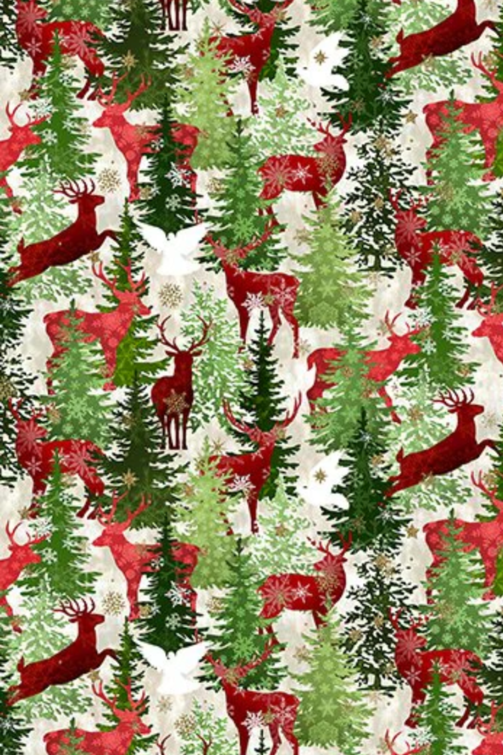 Winter Solstice II Multi Deer Metallic quilting cotton by Jason Yenter for In The Beginning Fabrics — painterly winter forest scene with leaping and standing red deer silhouettes among watercolor evergreen trees in rich greens with white snowflakes and gold metallic star dots on cream, stunning focal or feature fabric for Christmas quilts, wall hangings, and holiday home décor, 100% cotton with metallic accents. Quilt blocks shown for inspiration. Coordinating fabrics and quilt patterns are available at Ira