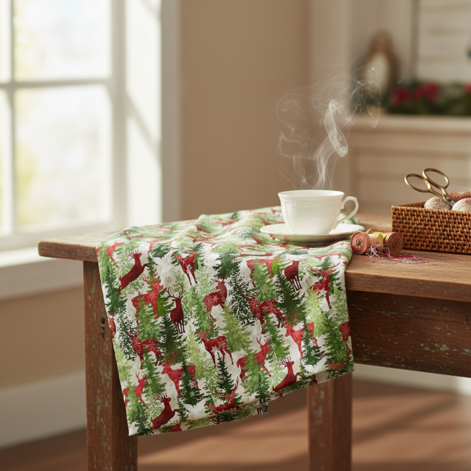 Detailed view of Winter Solstice II Multi Deer Metallic cotton fabric highlighting elegant deer and metallic design