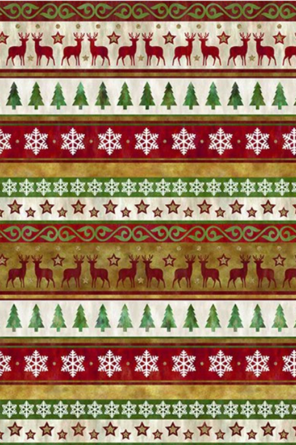 Winter Solstice II Multi Stripe Metallic quilting cotton by Jason Yenter for In The Beginning Fabrics — repeating vertical Christmas stripes featuring white snowflakes on crimson, watercolor Christmas trees on cream, burgundy reindeer silhouettes on gold with Celtic scrollwork, and stars on white, with metallic accents throughout, 100% cotton, 43–44" wide. Quilt blocks shown for inspiration. Coordinating fabrics and quilt patterns are available at IraRobi Quilts.