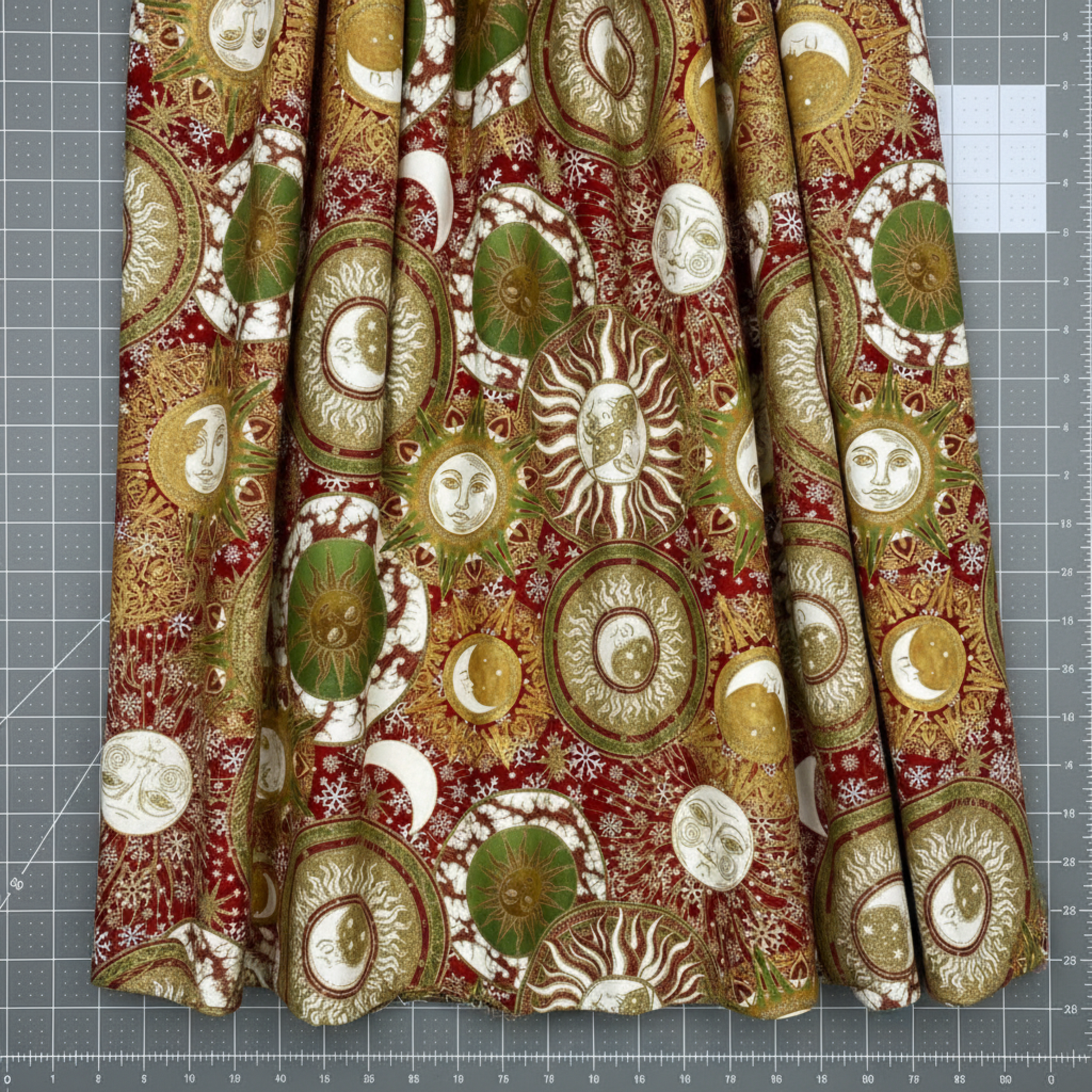 Detailed view of Winter Solstice II Multi Celestial Metallic cotton fabric highlighting elegant celestial and metallic design