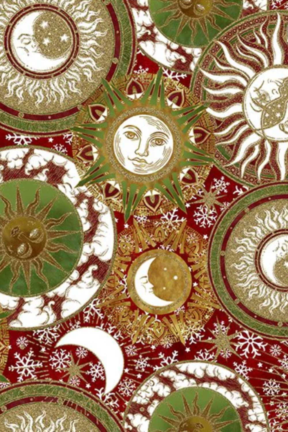 Winter Solstice II Multi Celestial Metallic quilting cotton by Jason Yenter for In The Beginning Fabrics — jewel-toned celestial collage with engraved sun medallions, crescent moons, mandala rings, snowflakes, and clouds in deep crimson, forest green, gold metallic, and cream, stunning focal or feature fabric for holiday quilts, wall hangings, and seasonal home décor, 100% cotton with metallic accents. Quilt blocks shown for inspiration. Coordinating fabrics and quilt patterns are available at IraRobi Quilt