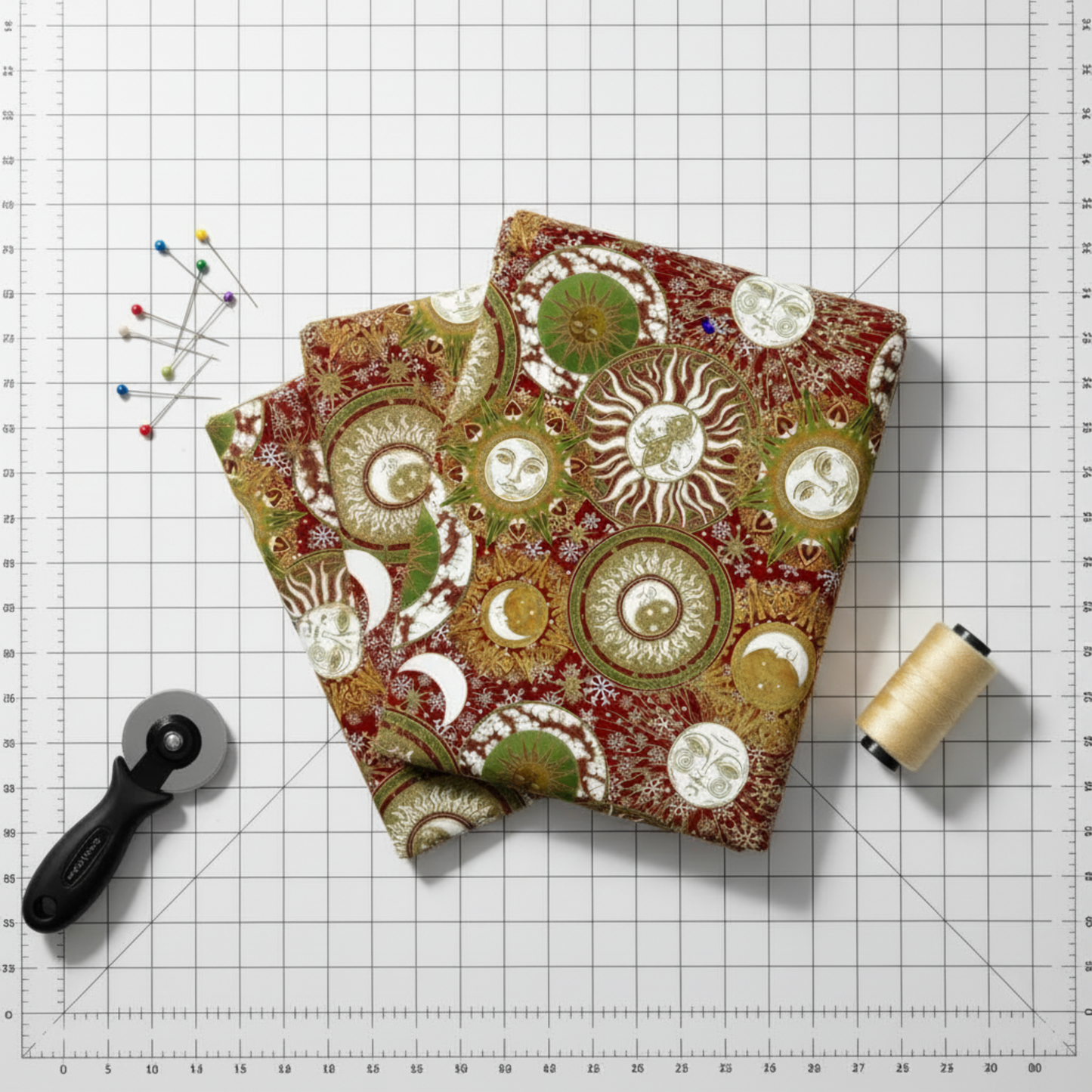 Winter Solstice II Multi Celestial Metallic quilting cotton fabric folded to show softness, movement, and fabric body