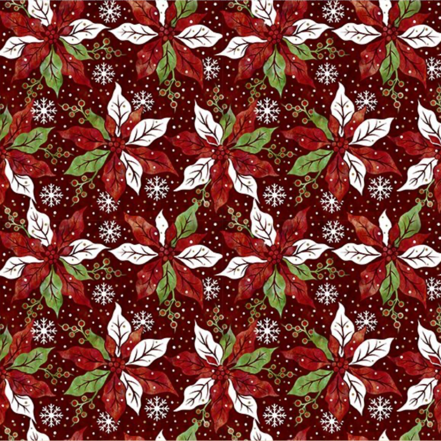 Winter Solstice II Red Poinsettia Metallic quilting cotton fabric with elegant red poinsettias and metallic accents