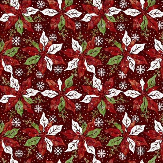 Winter Solstice II Red Poinsettia Metallic quilting cotton fabric with elegant red poinsettias and metallic accents