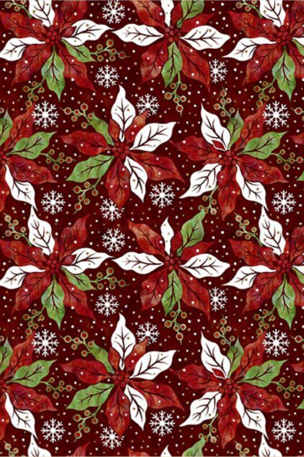 Winter Solstice II Red Poinsettia Metallic quilting cotton by Jason Yenter for In The Beginning Fabrics — dramatic kaleidoscopic poinsettia pinwheels in deep red, white, and green on burgundy with white snowflakes and gold metallic accents, stunning focal or feature fabric for holiday quilts, table runners, and Christmas home décor, 100% cotton. Quilt blocks shown for inspiration. Coordinating fabrics and quilt patterns are available at IraRobi Quilts.