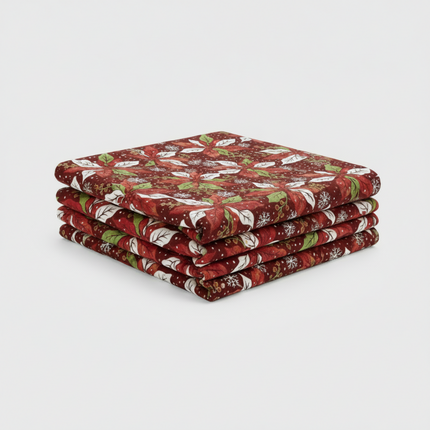 Close-up of Winter Solstice II Red Poinsettia Metallic quilting cotton showing detailed poinsettia motifs and metallic accents