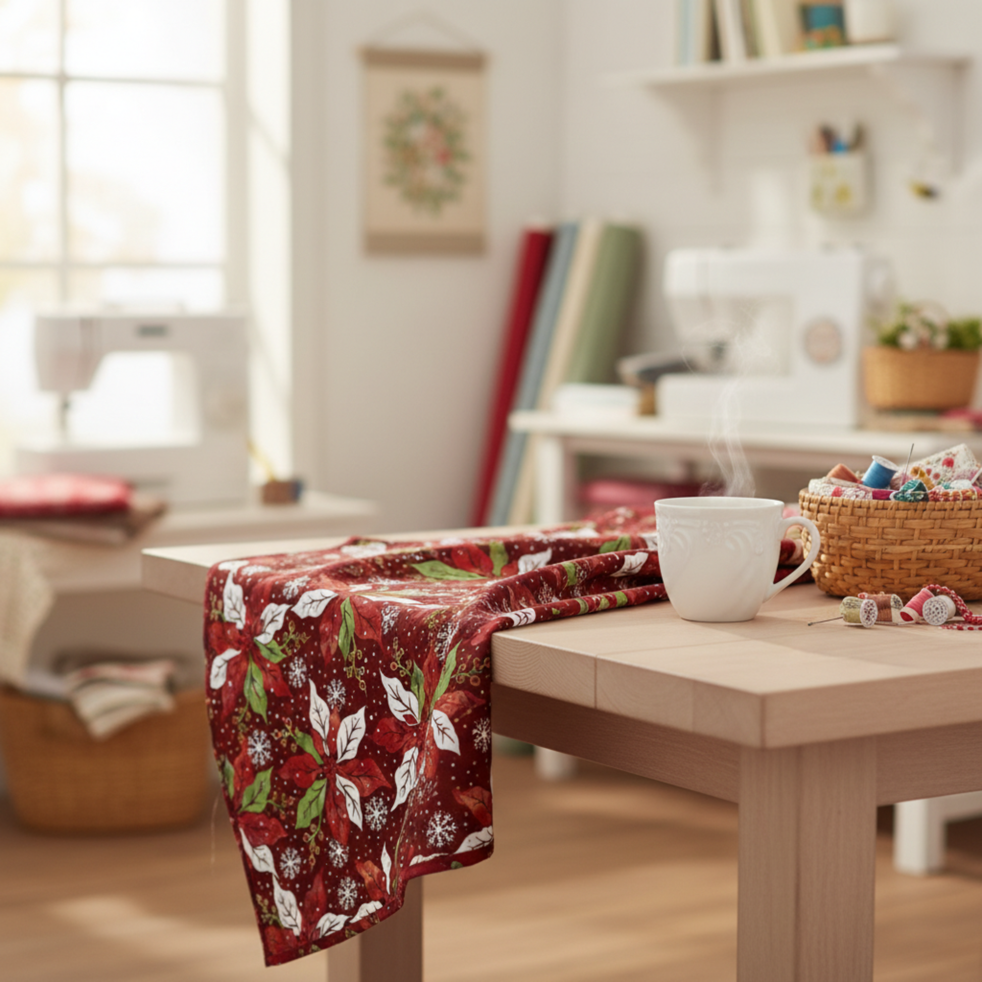 Winter Solstice II Red Poinsettia Metallic quilting cotton fabric draped to show softness, movement, and fabric body