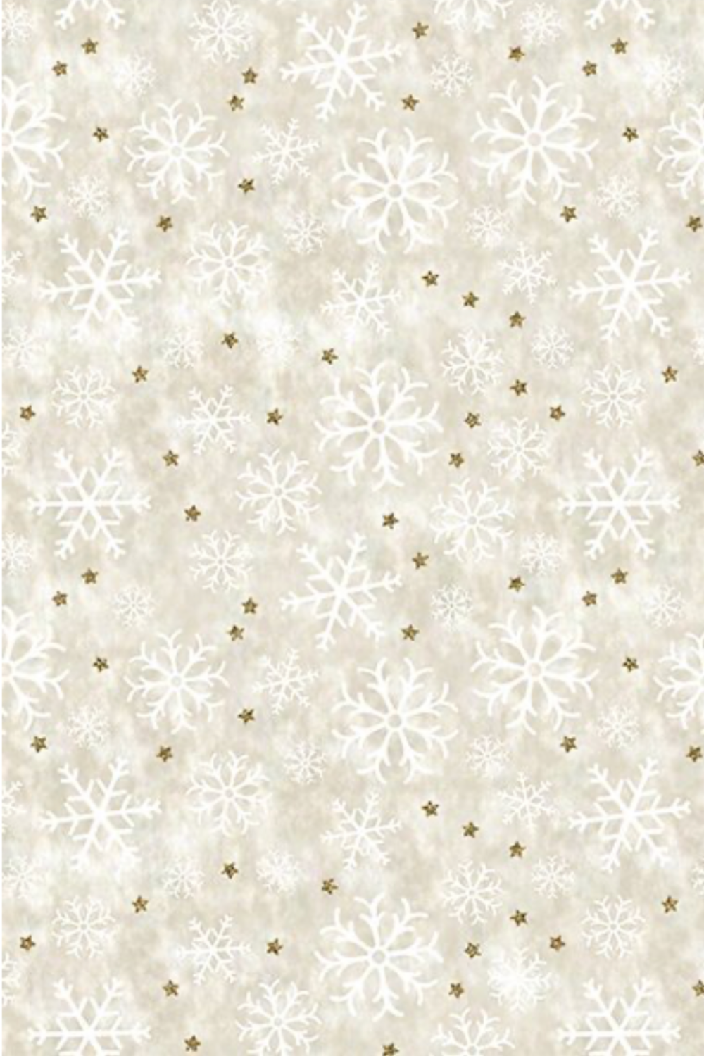 Winter Solstice II Cream Snowflakes Metallic quilting cotton by Jason Yenter for In The Beginning Fabrics — tossed white snowflakes with gold metallic star dots on warm ecru mottled ground, versatile low-volume background and blender fabric with subtle holiday sparkle for Christmas quilts, table runners, stockings, and holiday home décor, 100% cotton with metallic accents. Quilt blocks shown for inspiration. Coordinating fabrics and quilt patterns are available at IraRobi Quilts.