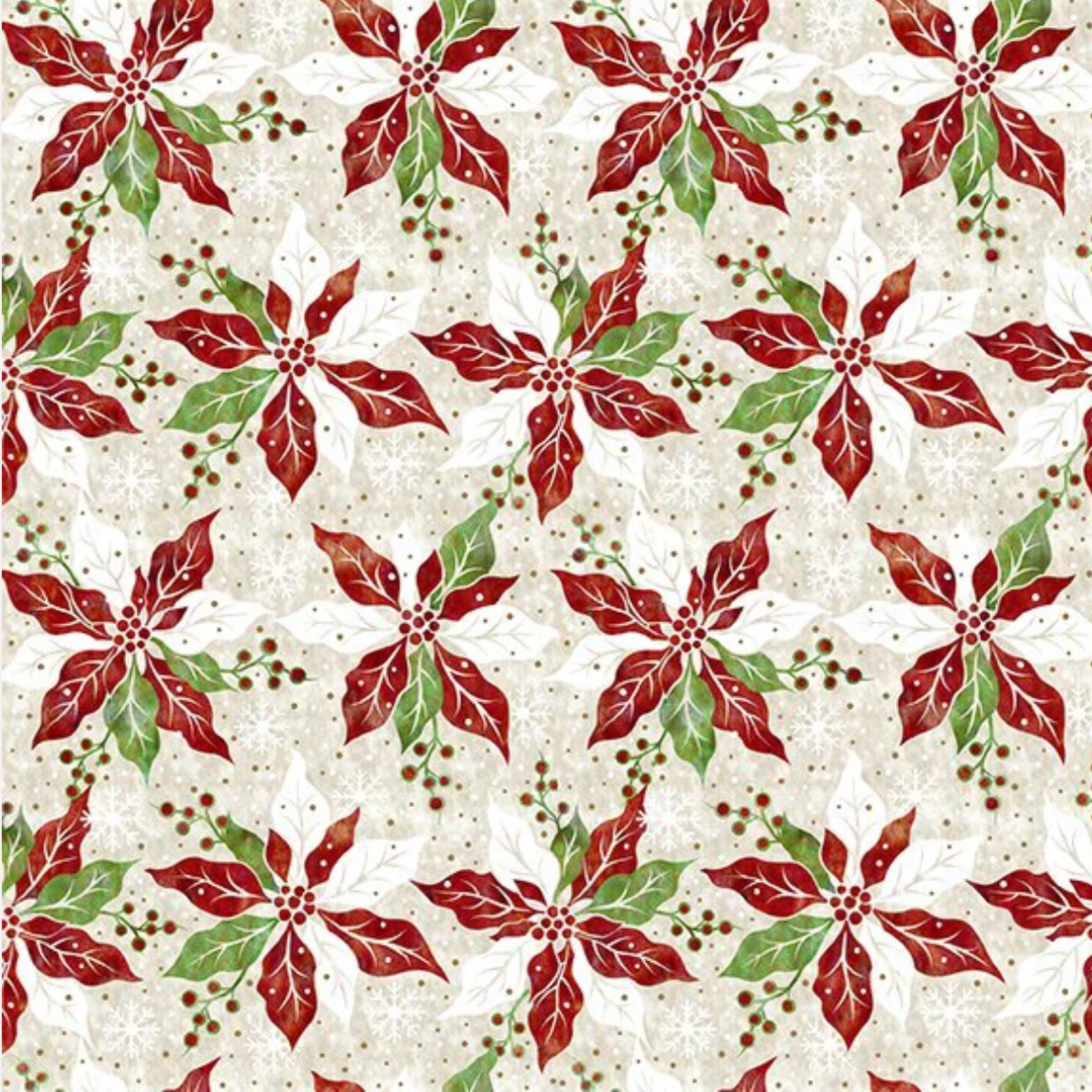 Winter Solstice II Cream Poinsettia Metallic quilting cotton fabric by Jason Yenter – premium 100% cotton showing delicate poinsettias with metallic accents