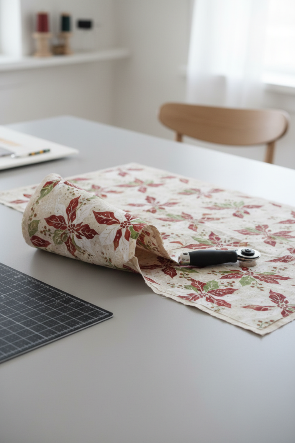 Winter Solstice II Cream Poinsettia Metallic quilting cotton styled in folded stack – lifestyle shot for quilters