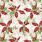 Winter Solstice II Cream Poinsettia Metallic quilting cotton by Jason Yenter for In The Beginning Fabrics — kaleidoscopic watercolor poinsettias in deep red, white, and forest green with gold metallic berry sprigs on warm cream ground, stunning holiday focal and feature fabric for Christmas quilts, table runners, and seasonal home décor, 100% cotton with metallic accents. Quilt blocks shown for inspiration. Coordinating fabrics and quilt patterns are available at IraRobi Quilts.