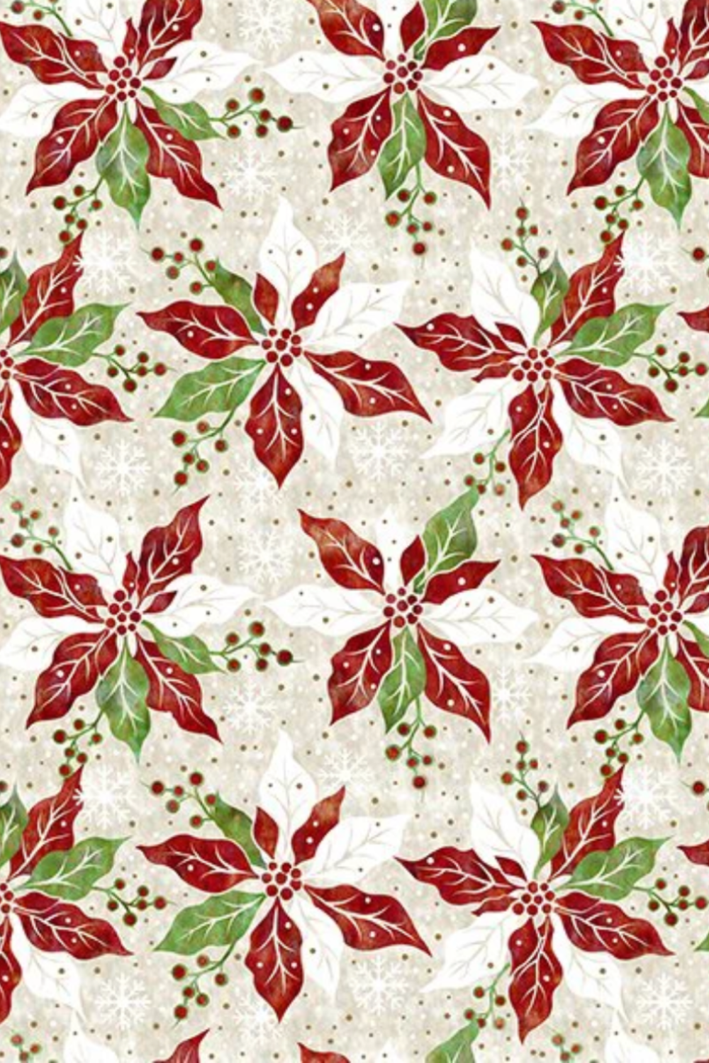 Winter Solstice II Cream Poinsettia Metallic quilting cotton by Jason Yenter for In The Beginning Fabrics — kaleidoscopic watercolor poinsettias in deep red, white, and forest green with gold metallic berry sprigs on warm cream ground, stunning holiday focal and feature fabric for Christmas quilts, table runners, and seasonal home décor, 100% cotton with metallic accents. Quilt blocks shown for inspiration. Coordinating fabrics and quilt patterns are available at IraRobi Quilts.