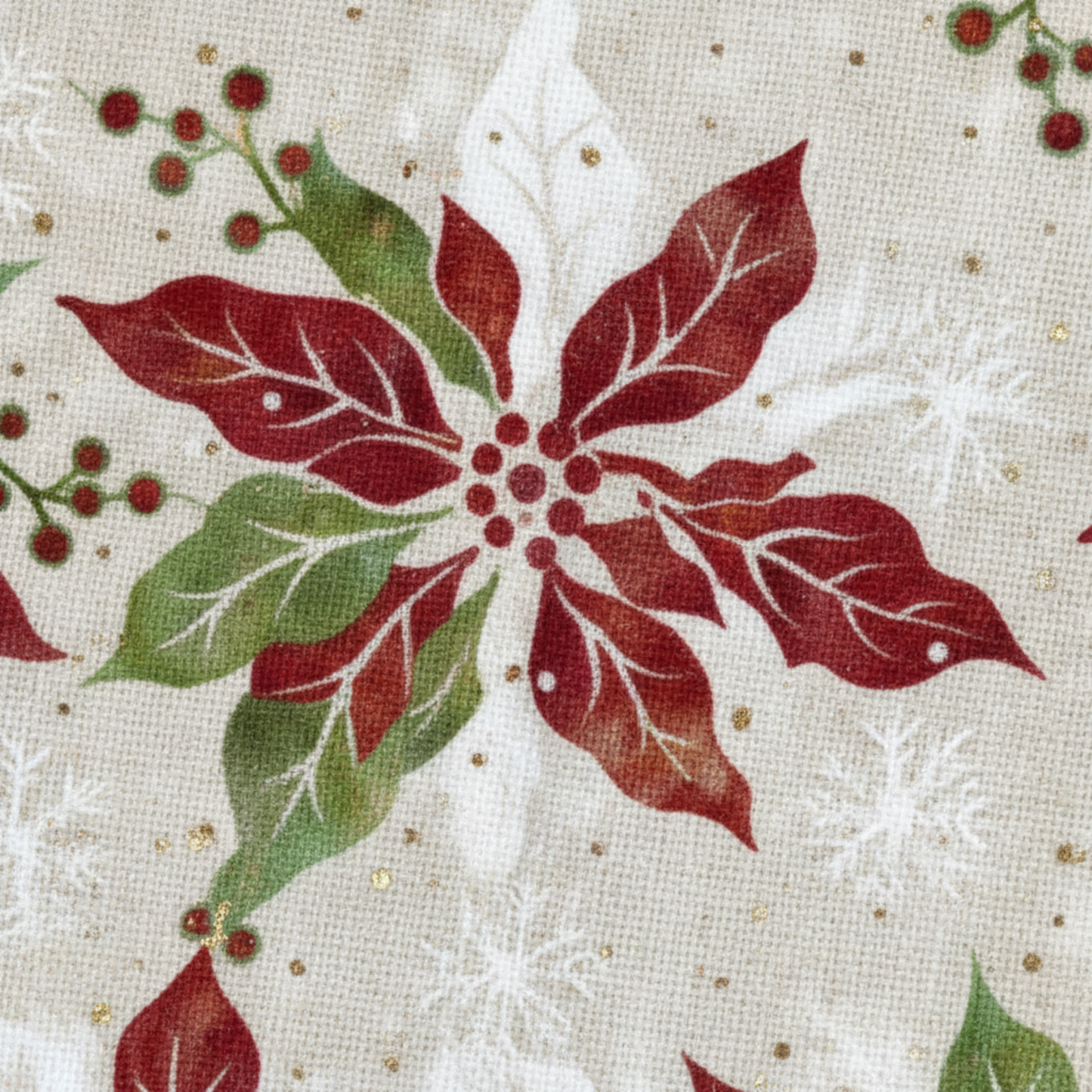 Close-up detail of Winter Solstice II Cream Poinsettia Metallic quilting cotton fabric highlighting print clarity and texture