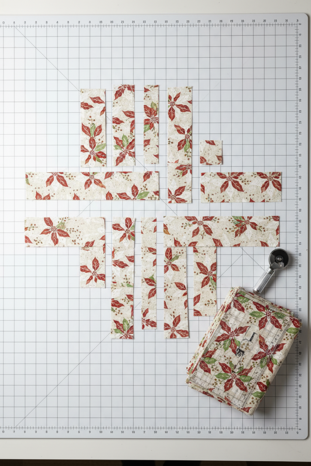 Winter Solstice II Cream Poinsettia Metallic quilting cotton styled for quilting project inspiration