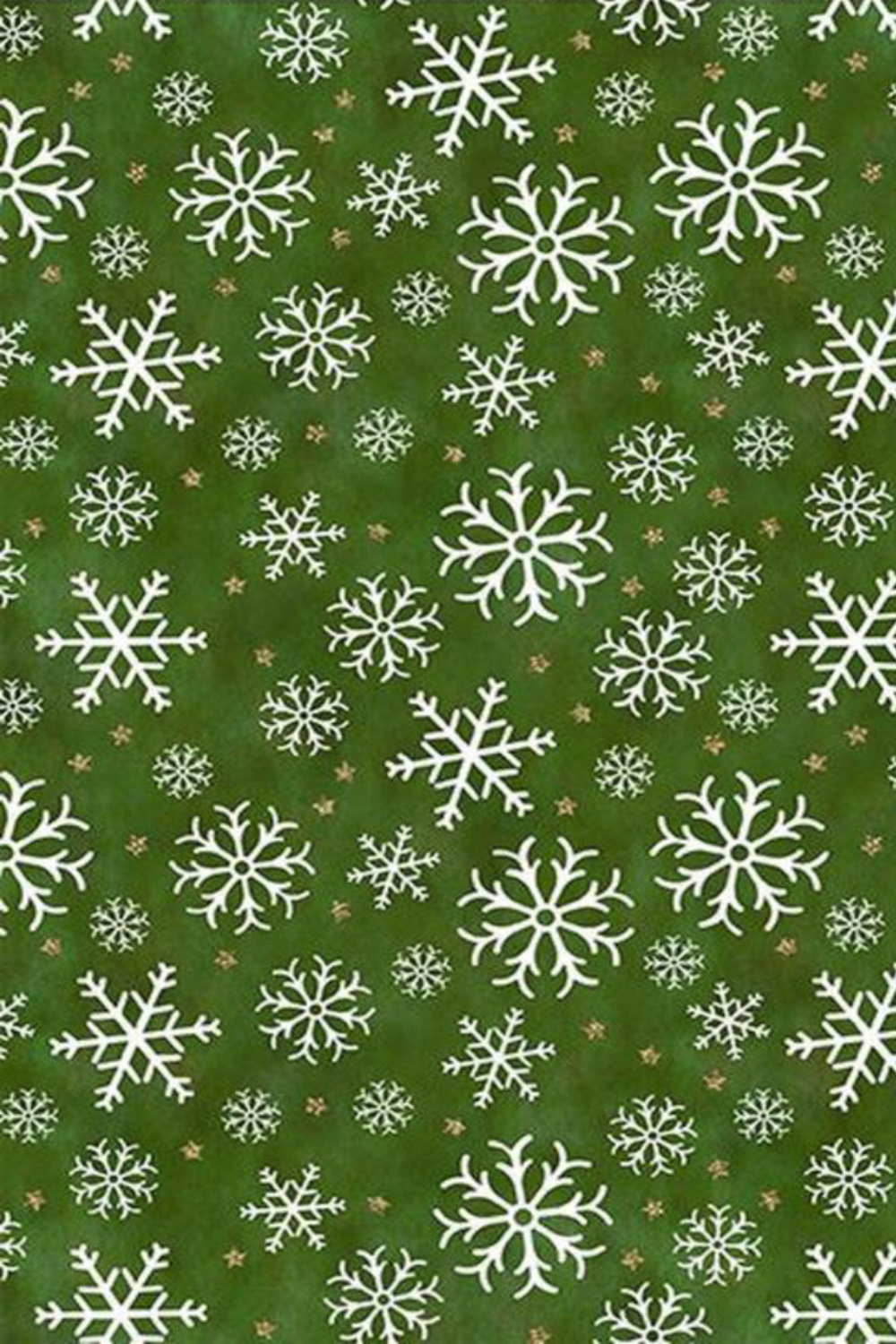 Winter Solstice II Green Snowflakes Metallic quilting cotton by Jason Yenter for In The Beginning Fabrics — tossed white snowflakes in multiple sizes with tiny scattered gold metallic star dots on a rich deep forest green mottled ground, classic versatile holiday background and coordinate fabric, 100% cotton with metallic accents, 43–44" wide. Quilt blocks shown for inspiration. Coordinating fabrics and quilt patterns are available at IraRobi Quilts.