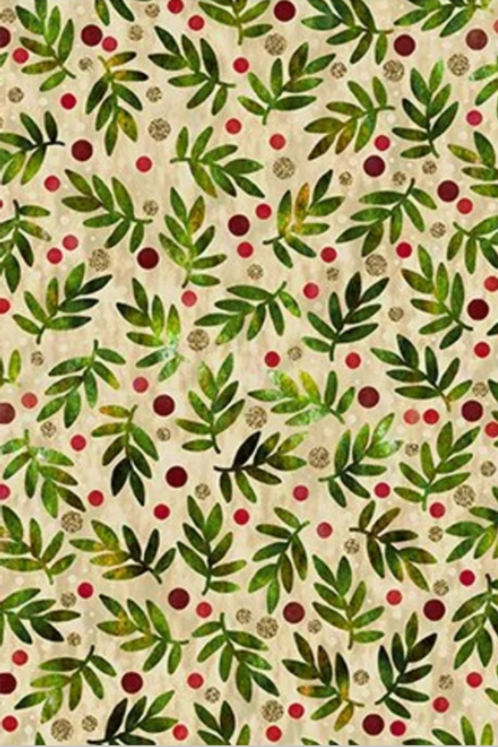 Winter Solstice II Beige Twigs Metallic quilting cotton by Jason Yenter for In The Beginning Fabrics — tossed watercolor green fern sprigs with scattered red berry dots and gold metallic berry clusters on warm beige ground, a lively botanical blender and coordinate fabric for holiday quilts, table runners, and seasonal home décor, 100% cotton with metallic accents. Coordinating fabrics and quilt patterns are available at IraRobi Quilts.