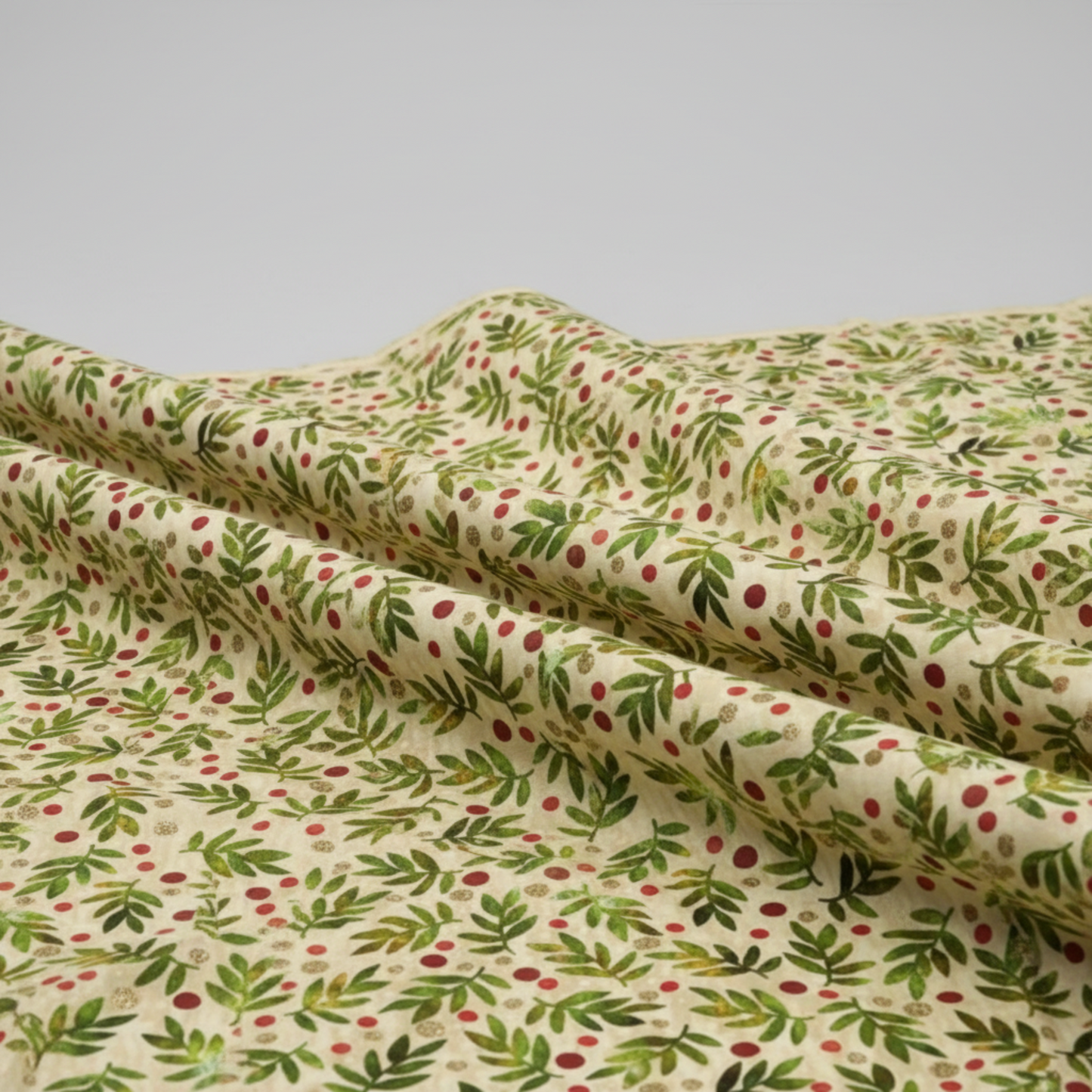 Winter Solstice II Beige Twigs Metallic quilting cotton laid flat with gentle drape showing fabric flow and texture