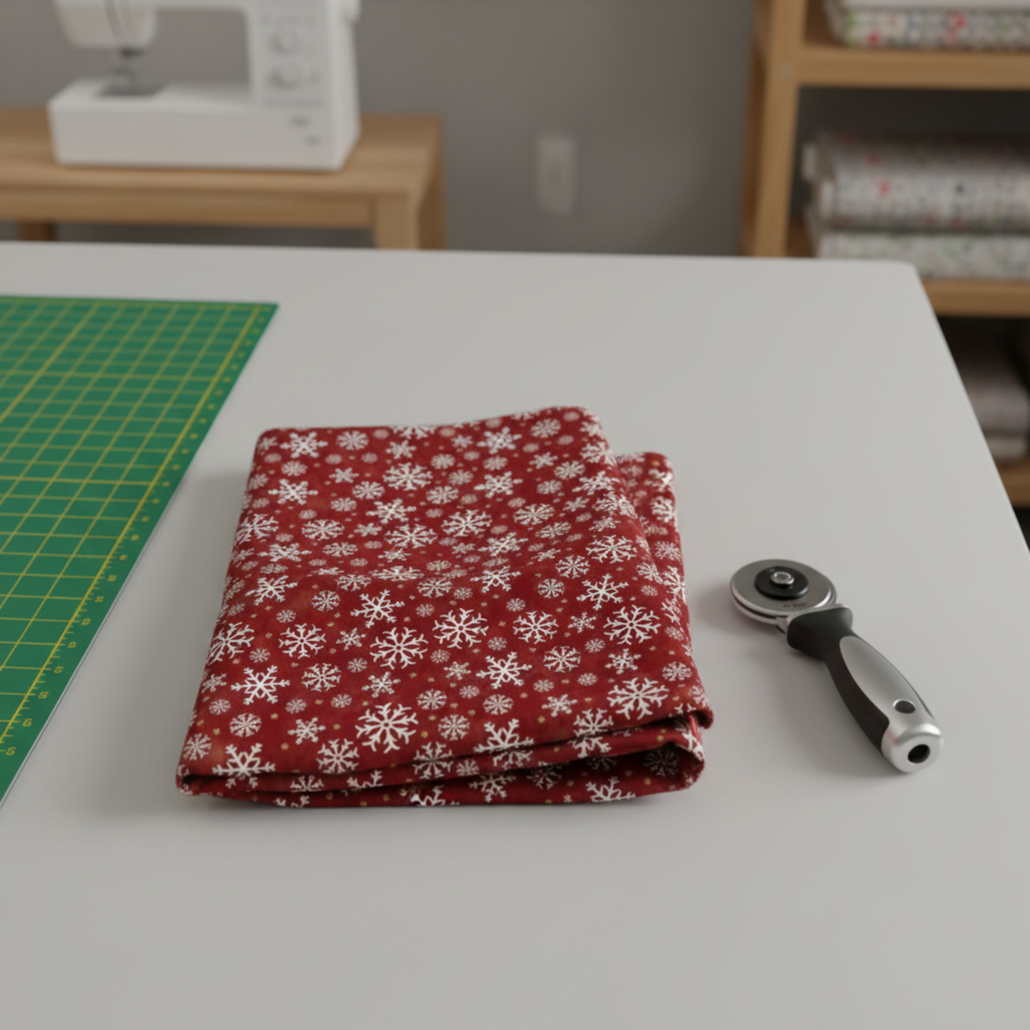 Full repeat view of Winter Solstice II Red Snowflakes Metallic quilting fabric showing vertical pattern direction