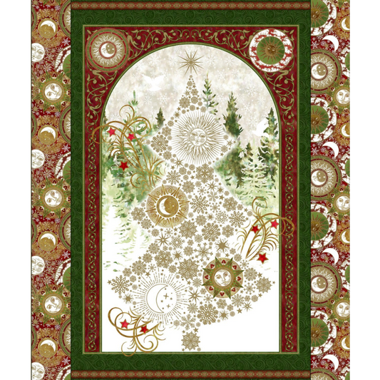 Winter Solstice II Metallic Quilt Panel 36" by Jason Yenter – full panel view showing winter scene with deer and metallic accents