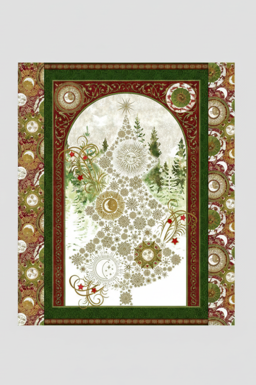 Vertical display of Winter Solstice II Metallic Quilt Panel 36" showing complete design