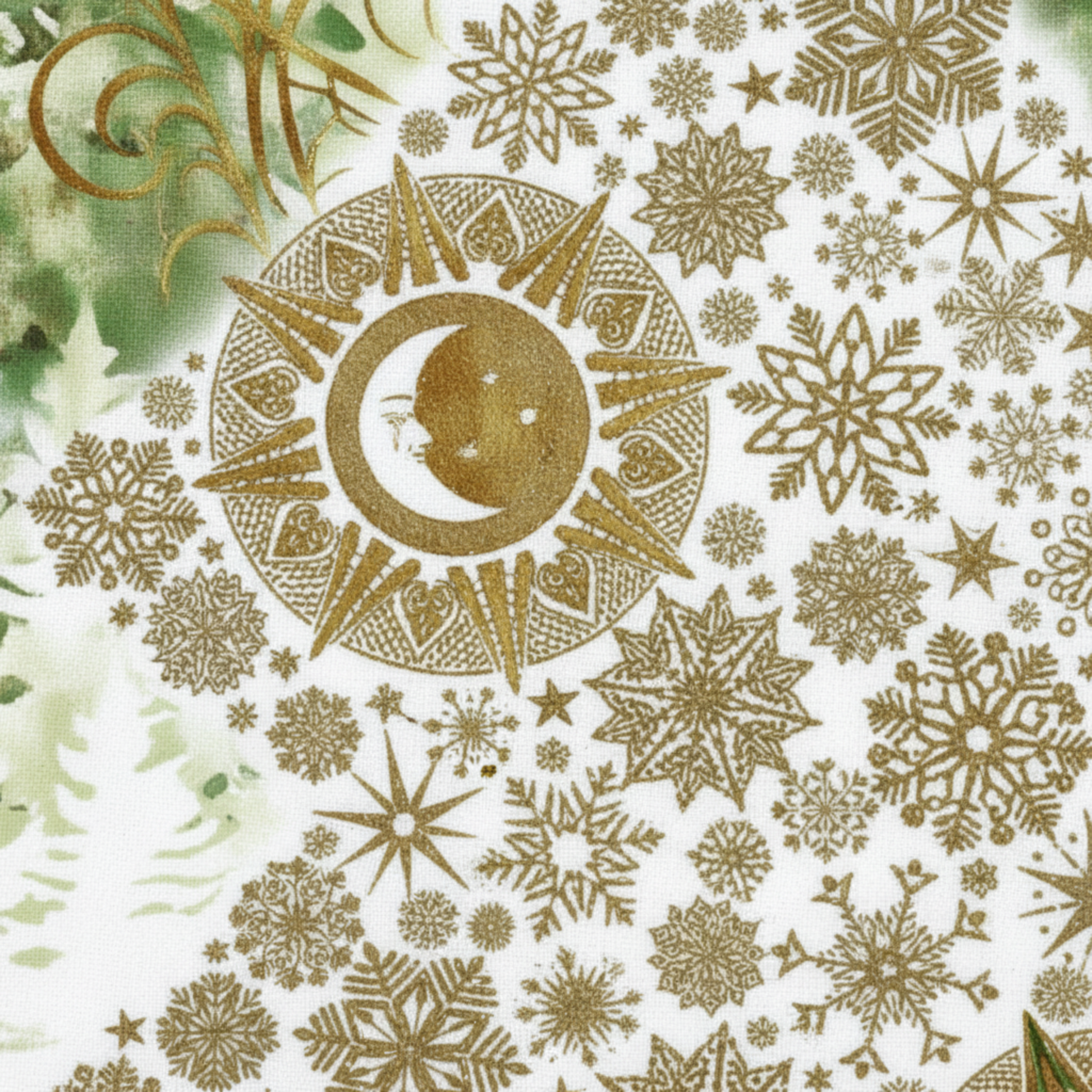 Close-up detail of Winter Solstice II Metallic Quilt Panel showing intricate winter motifs and metallic highlights