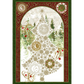 Winter Solstice II Metallic Quilt Panel 36" by Jason Yenter for In The Beginning Fabrics — full panel showing the arched celestial Christmas tree built from layered gold metallic snowflakes with a radiant sun face at the top, crescent moon and sun medallions throughout, watercolor pine forest background, red star accents, and gold scroll flourishes on pearl white ground, framed by deep green and burgundy celestial borders. Coordinating fabrics and quilt patterns are available at IraRobi Quilts.