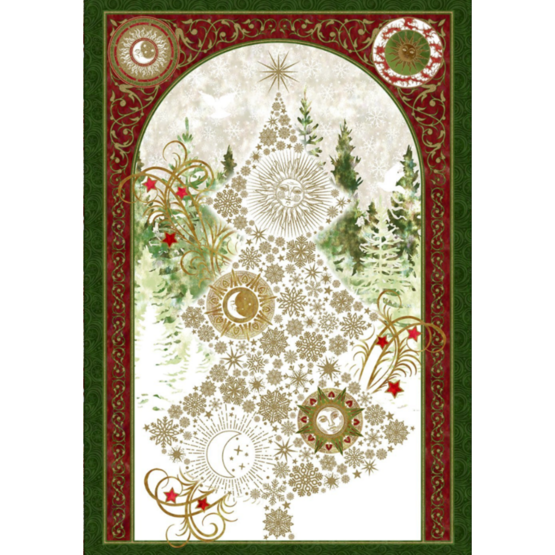 Winter Solstice II Metallic Quilt Panel 36" by Jason Yenter for In The Beginning Fabrics — full panel showing the arched celestial Christmas tree built from layered gold metallic snowflakes with a radiant sun face at the top, crescent moon and sun medallions throughout, watercolor pine forest background, red star accents, and gold scroll flourishes on pearl white ground, framed by deep green and burgundy celestial borders. Coordinating fabrics and quilt patterns are available at IraRobi Quilts.