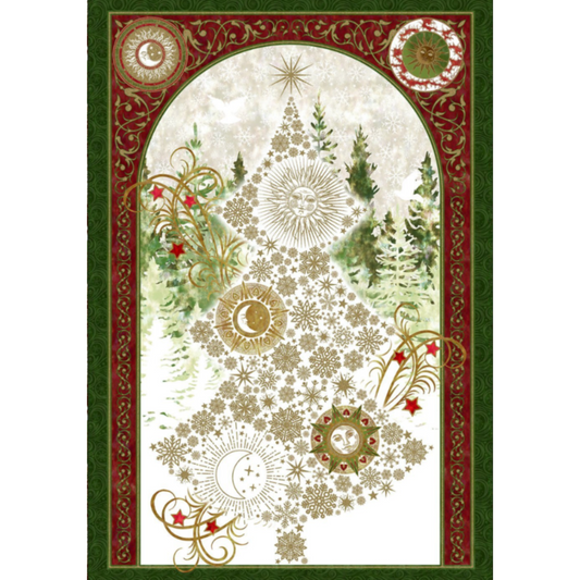 Winter Solstice II Metallic Quilt Panel 36" by Jason Yenter for In The Beginning Fabrics — full panel showing the arched celestial Christmas tree built from layered gold metallic snowflakes with a radiant sun face at the top, crescent moon and sun medallions throughout, watercolor pine forest background, red star accents, and gold scroll flourishes on pearl white ground, framed by deep green and burgundy celestial borders. Coordinating fabrics and quilt patterns are available at IraRobi Quilts.